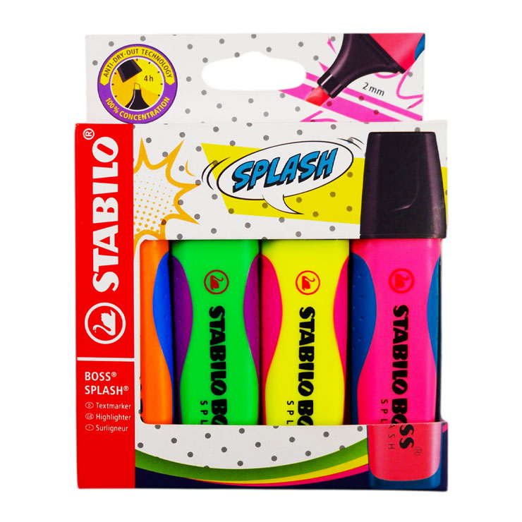 Stabilo Boss Splash Highlighter In Hanging Cardboard 75/4 4's