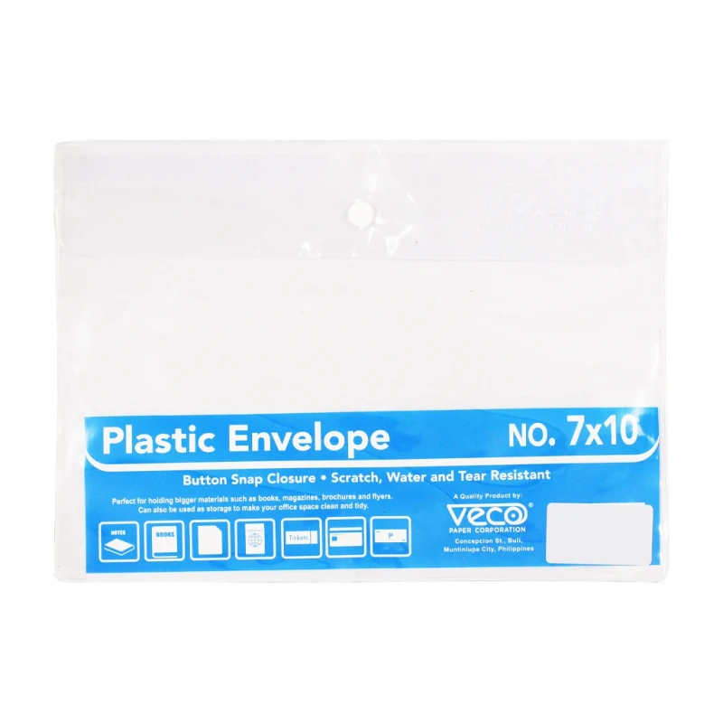 Veco Plastic Envelope 7x10 Inches Button Lock Transparent - School & Office Supplies