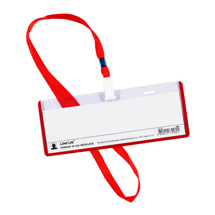 Long Life ID Name Plate 3 Hole Horizontal with Plastic Clip and Lanyard Transparent Red 18x5.5cm