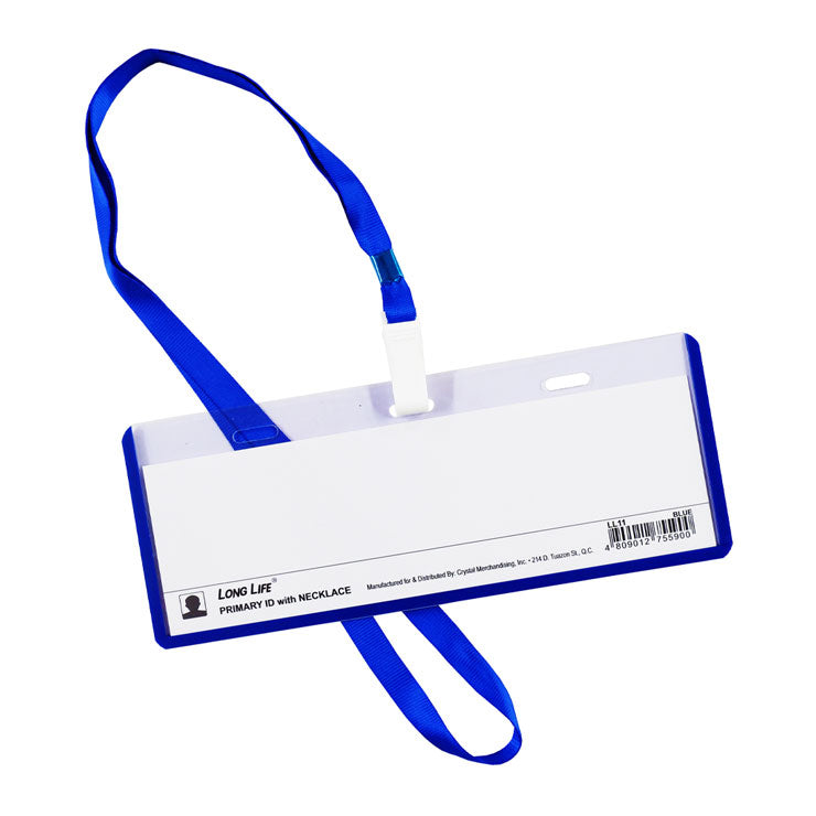 Long Life ID Name Plate 3 Hole Horizontal with Plastic Clip and Lanyard Transparent Blue 18x5.5cm