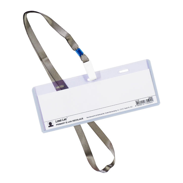 Long Life ID Name Plate 3 Hole Horizontal with Plastic Clip and Lanyard Transparent Gray 18x5.5cm