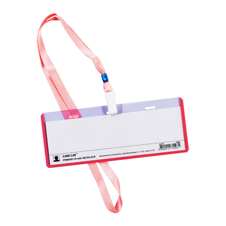Long Life ID Name Plate 3 Hole Horizontal with Plastic Clip and Lanyard Transparent Pink 18x5.5cm