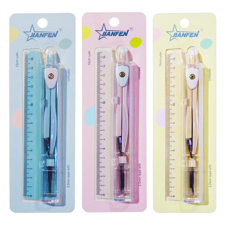 Jianfen Compass Set Metal with Lead Refills and Ruler 12cmx2mm Pastel 8120, Pink, Yellow, Blue