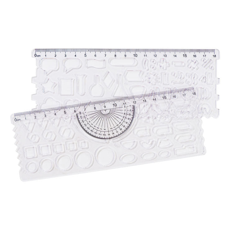 Plastic Ruler Multi-Functional with Built in Protractor and Shapes Clear 7092