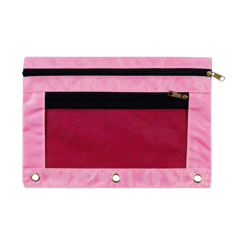 Highplus Cloth Envelope HP-241111-3F A5 Pink Double Zipper Clear Front With Hole For Binder