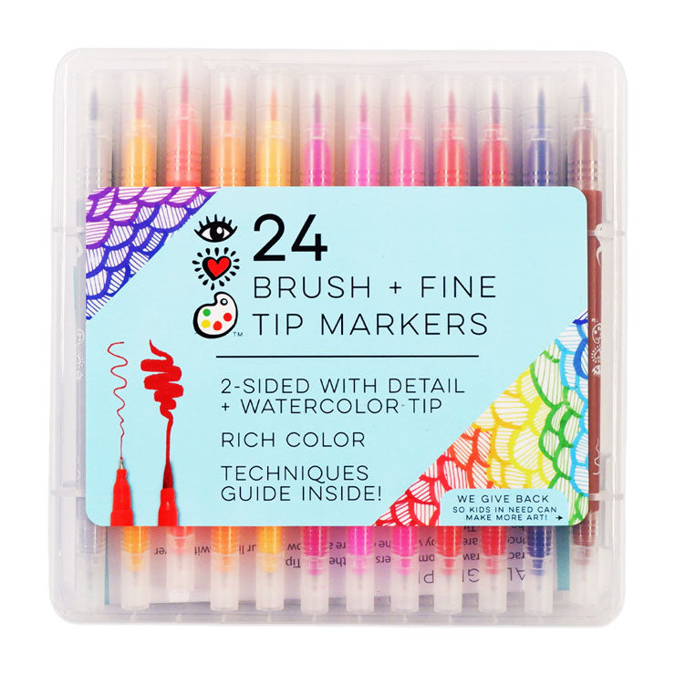 iHeartArt Brush + Fine Tip Marker 24 Assorted Colors in Plastic Case 6124 - Arts & Crafts Supplies
