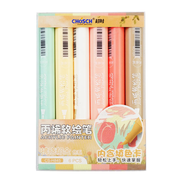 Chosch Acrylic Brush Marker CS-H845-6 Macaron 6 Colors - Arts & Crafts Supplies - Coloring