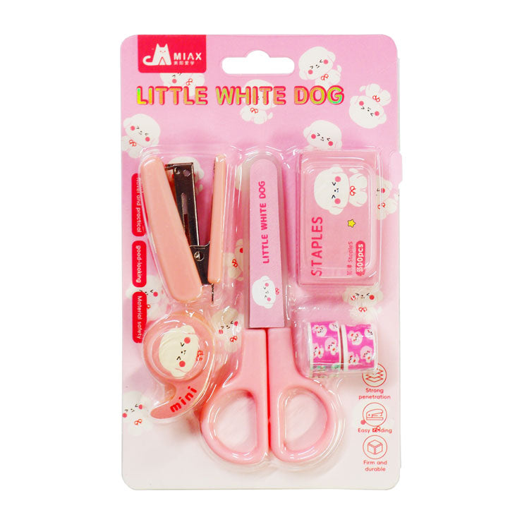 Stapler No.10 with Wire + Scissors +Tape + Dispenser Little White Dog MX82003 (color may vary)