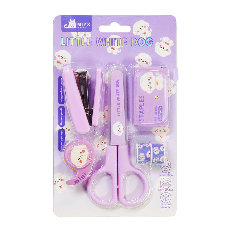 Stapler No.10 with Wire + Scissors +Tape + Dispenser Little White Dog MX82003 (color may vary)