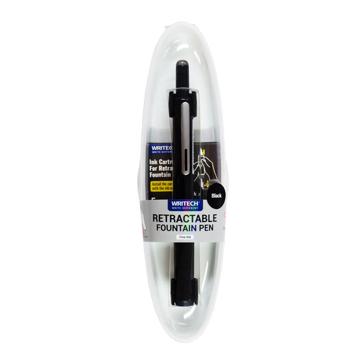 Writech Retractable Fountain Pen Set with 5 Free Cartridges W-784 Black Barrel + Black Ink