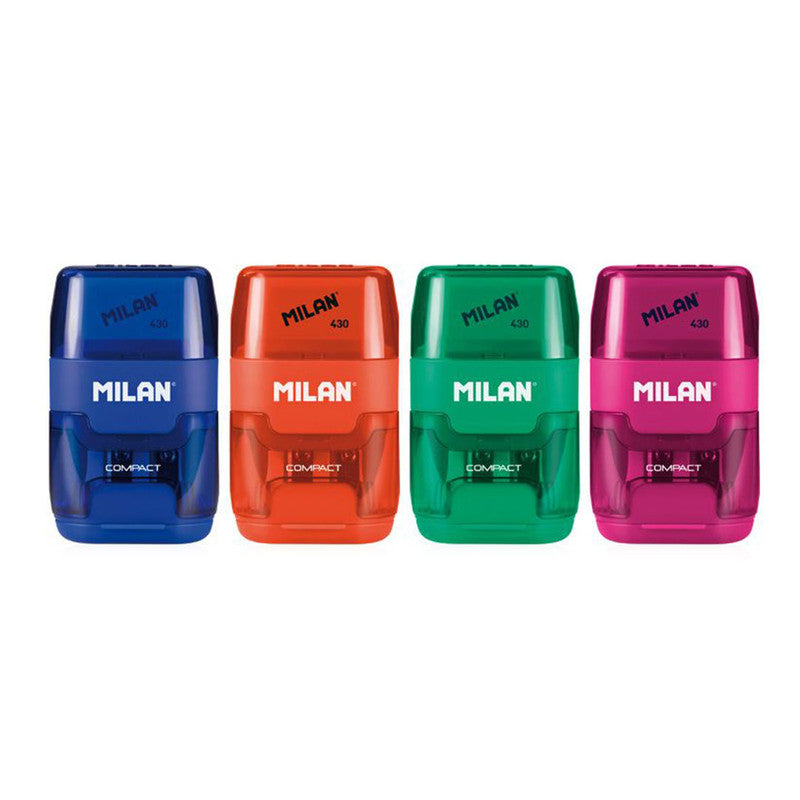 Milan Two-Hole Sharpener Compact with Eraser Blue Green Pink BYM10139 (Color May Vary- Sold per piece)