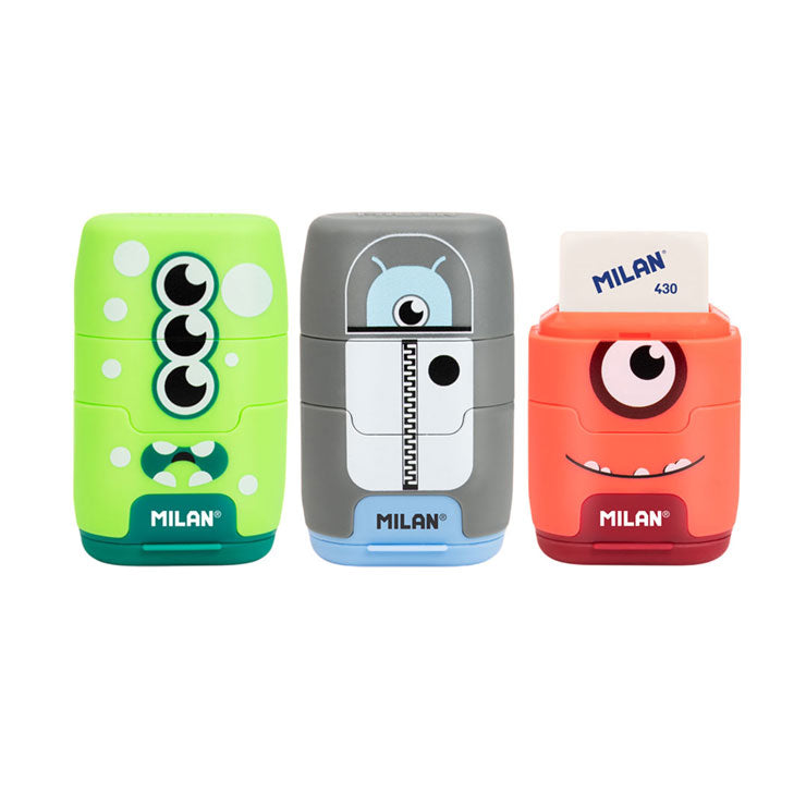 Milan Two-Hole Sharpener Compact Aliens with Eraser Green Red Gray 4703116AL (Color May Vary-Sold per piece)
