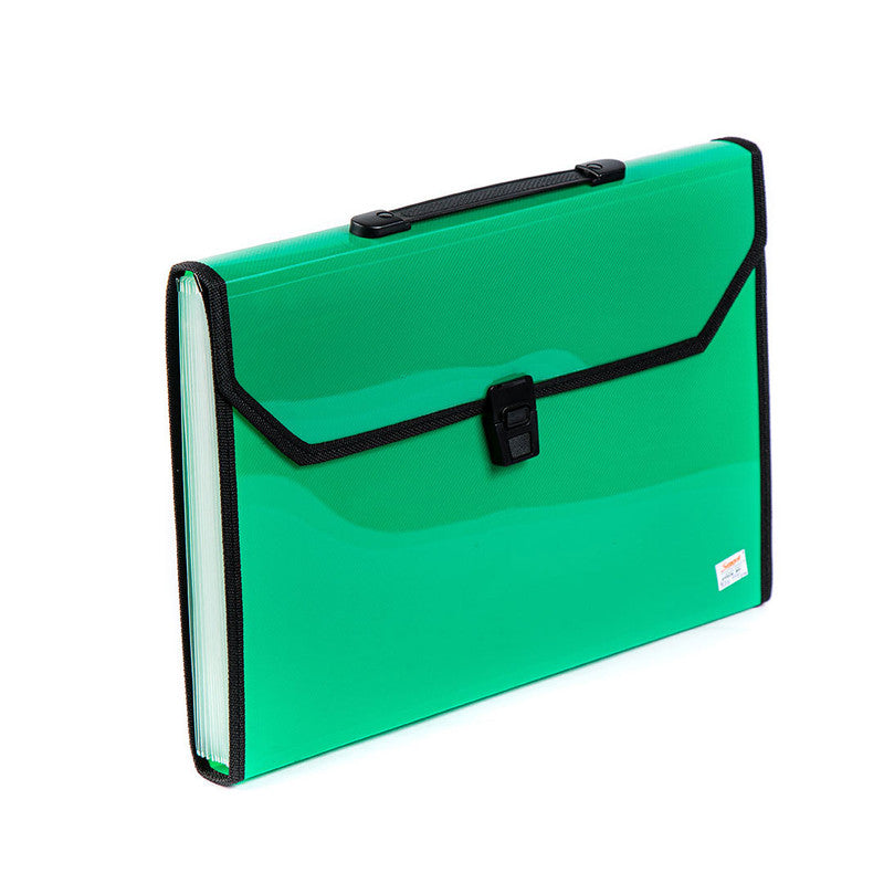 Seagull Expanding File with Handle Long 12 Pockets Push Lock with Tab Black Lining B4301 Green
