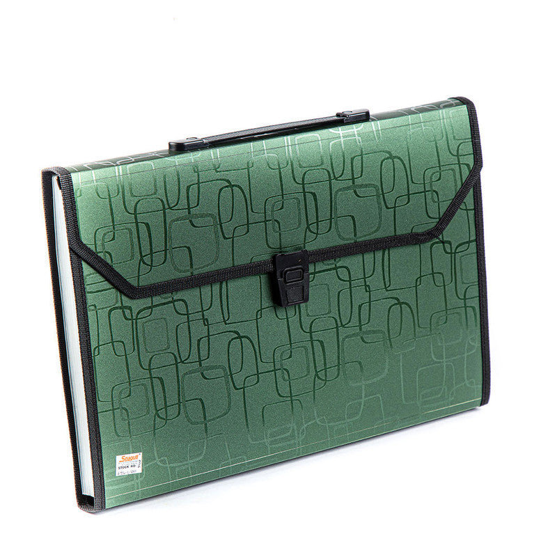 Seagull Expanding File with Handle Long 12 Pockets Push Lock w/ Tab Puzzle Black Lining L4301 Green