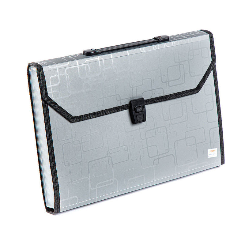 Seagull Expanding File with Handle Long 12 Pockets Push Lock w/ Tab Puzzle Black Lining L4301 Silver