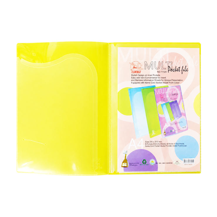 Flamingo Folder Plastic 1172A A4 6 Pockets with Name Card Holder, Yellow