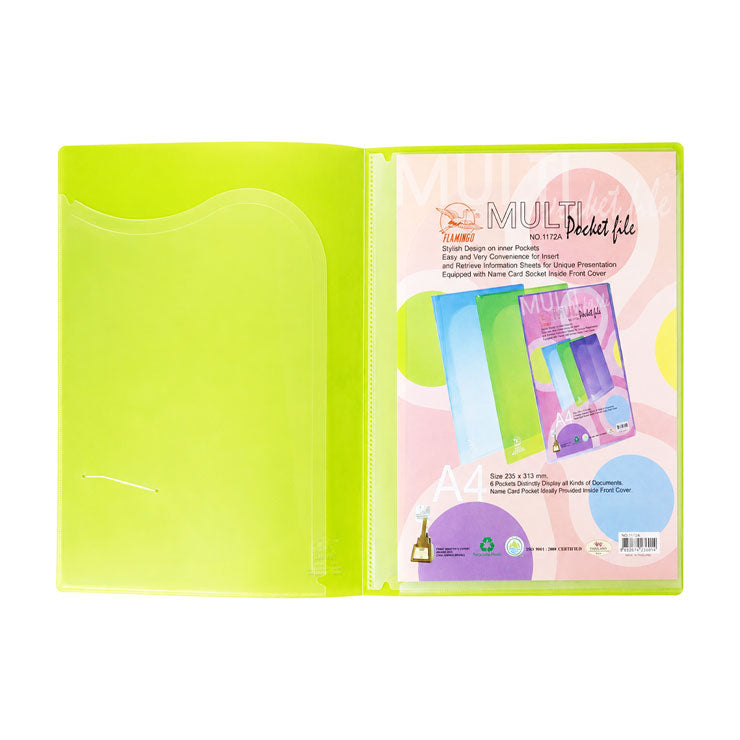 Flamingo Folder Plastic 1172A A4 6 Pockets with Name Card Holder, Green