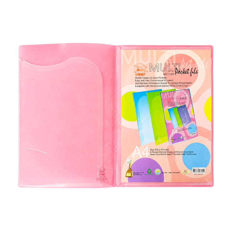 Flamingo Folder Plastic 1172A A4 6 Pockets with Name Card Holder, Pink