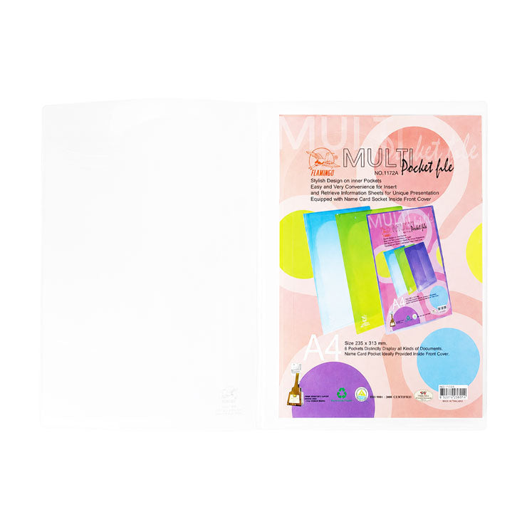 Flamingo Folder Plastic 1172A A4 6 Pockets with Name Card Holder, Clear