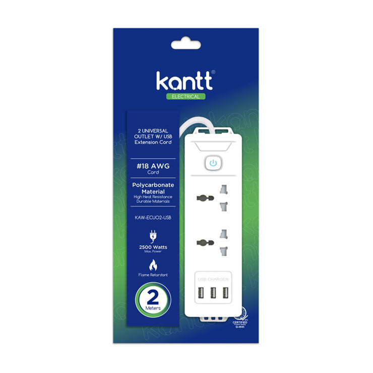 Kantt Extension Cord KAW-ECUO2-USB 2 Universal+ 3USB 2 meters, White - Home & Office Equipment