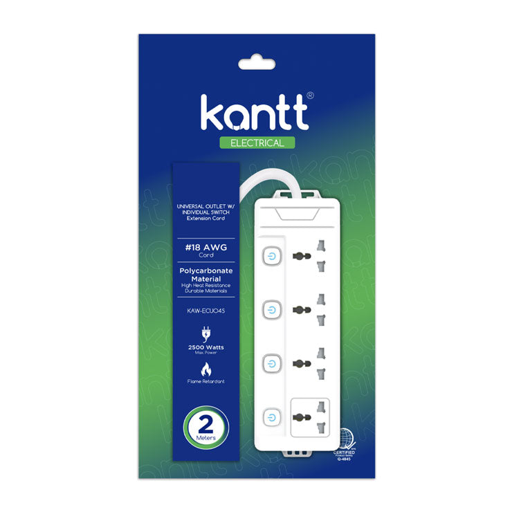 Kantt Extension Cord KAW-ECUO4S 4 Gang Universal, White - Home & Office Equipment