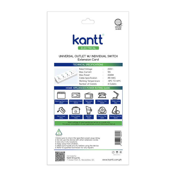 Kantt Extension Cord KAW-ECUO4S 4 Gang Universal, White - Home & Office Equipment