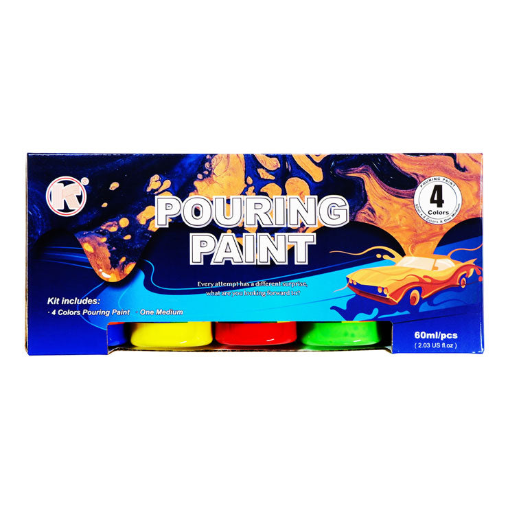 Xingda Pouring Paint Set 1 - 4 Acrylic Paints Red Blue Yellow Lime Green With Silicone Medium 60ml