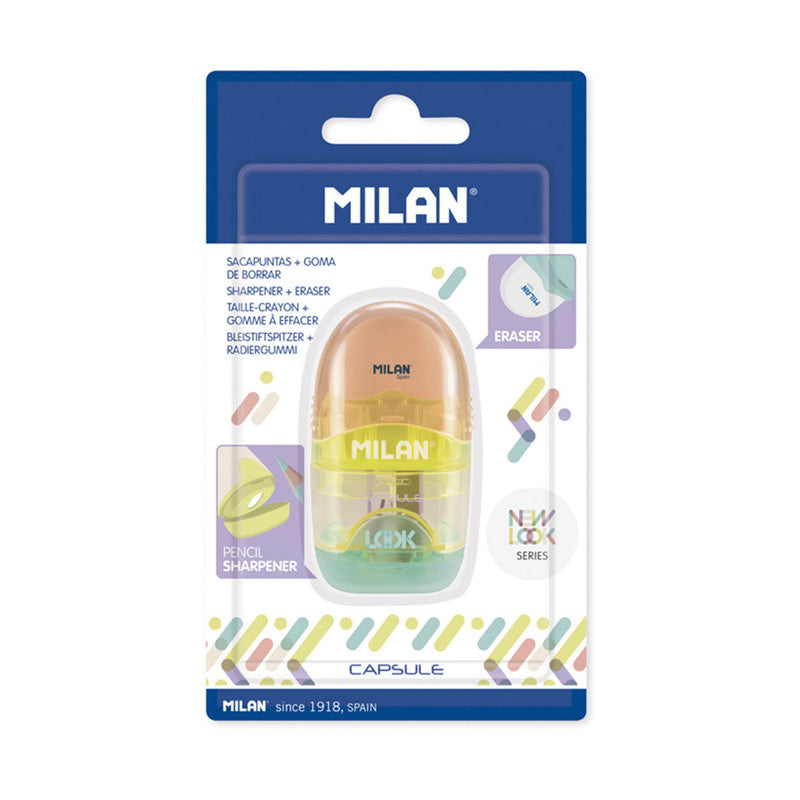 Milan One-Hole Sharpener New Look with Eraser Orange Green Yellow BYM10400LK2 (Color May Vary)