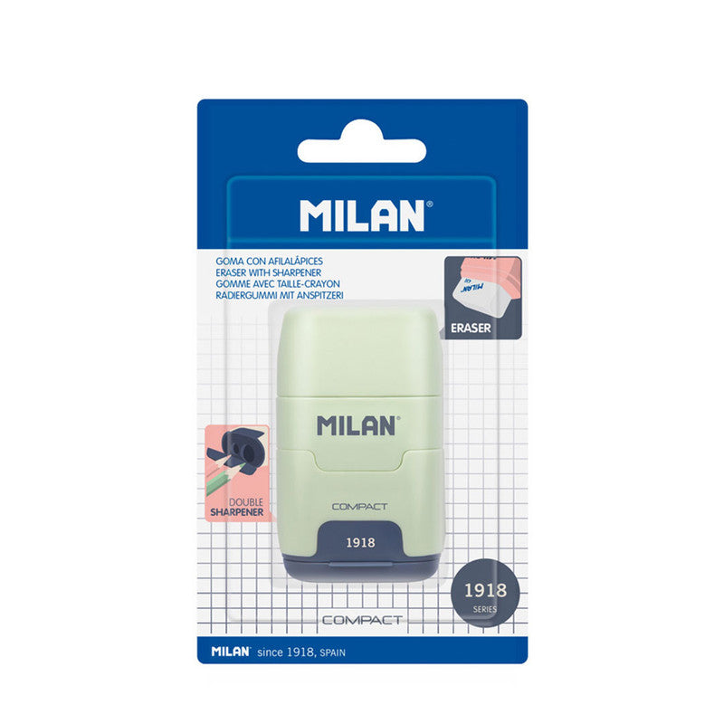 Milan Two-Hole Sharpener Compact 1918 with Eraser 430 White Pink Blue Green BYM10139SNC