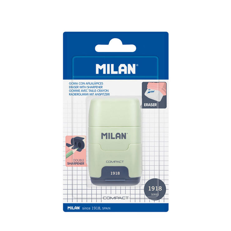 Milan Two-Hole Sharpener Compact 1918 with Eraser 430 White Pink Blue Green BYM10139SNC