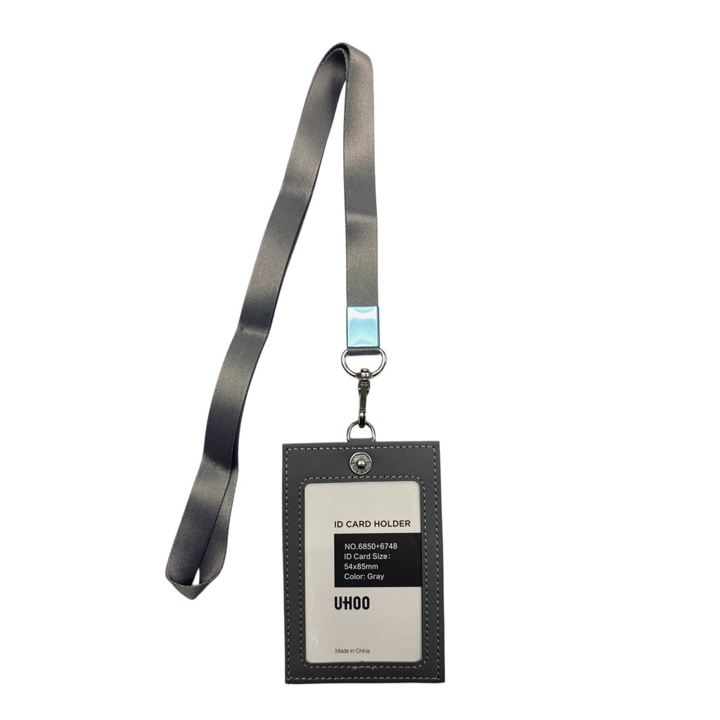 Uhoo ID Holder Vertical Leather Type With Lanyard and 2 window 54x85mm Gray 6850+6748