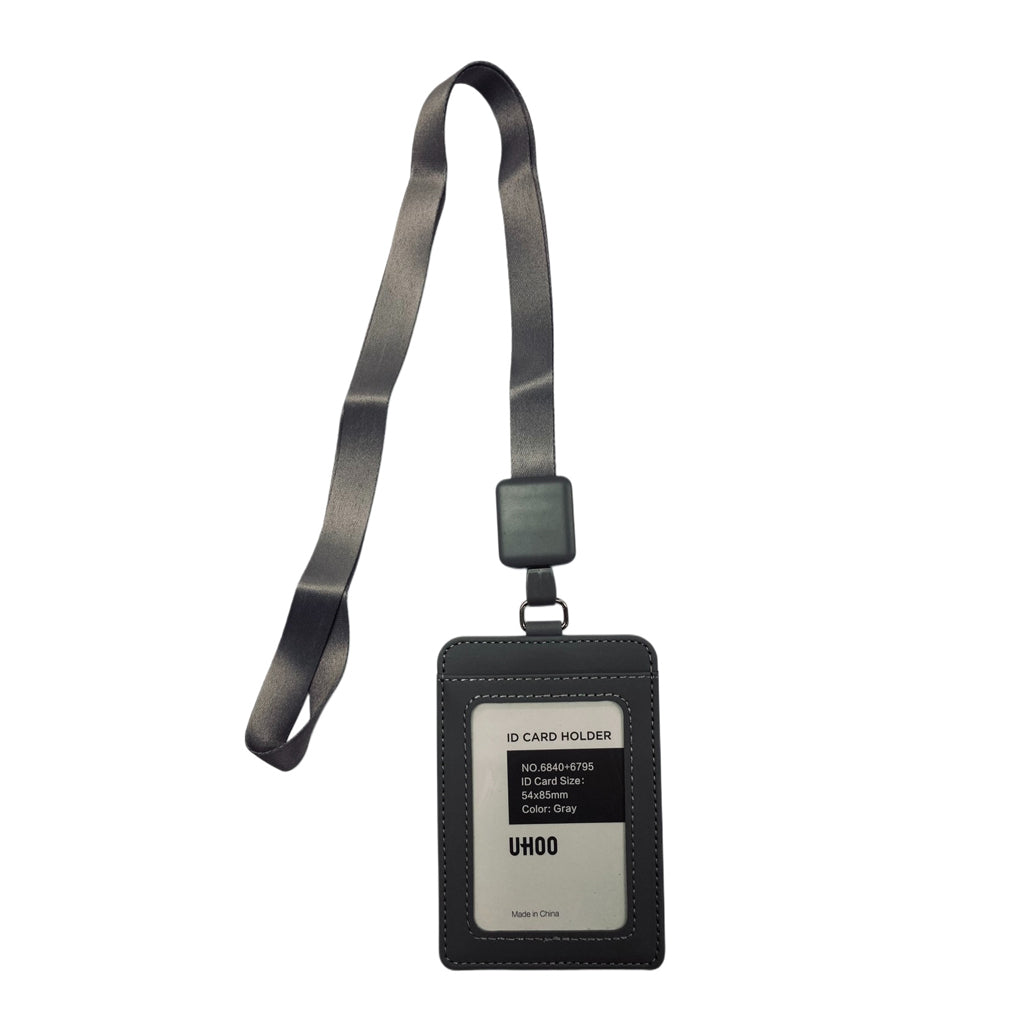 Uhoo ID Holder Vertical Leather Type with Lanyard 54x85mm Gray