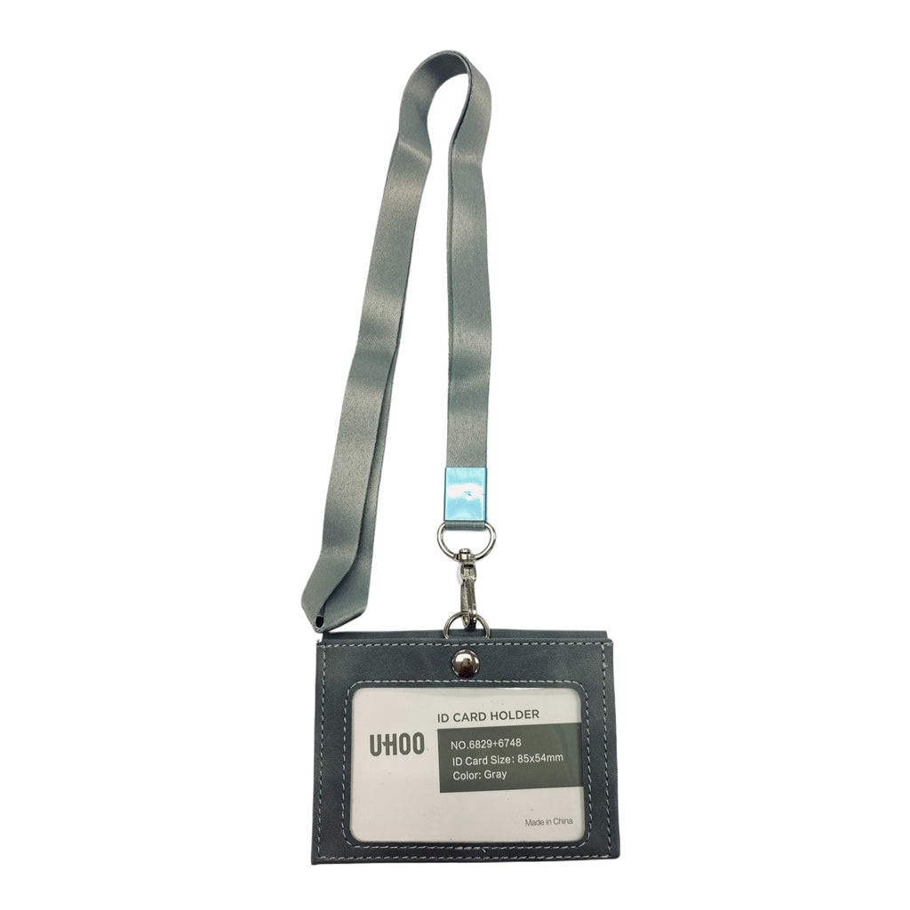 Uhoo ID Holder Horizontal Leather Type with Lanyard 85x54mm Gray